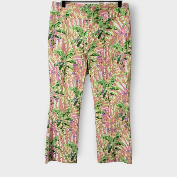 J. Mclaughlin Ivy Pant Pink Tropical Floral Sz 10 Crop Flare Pull On Stretch - Picture 1 of 12